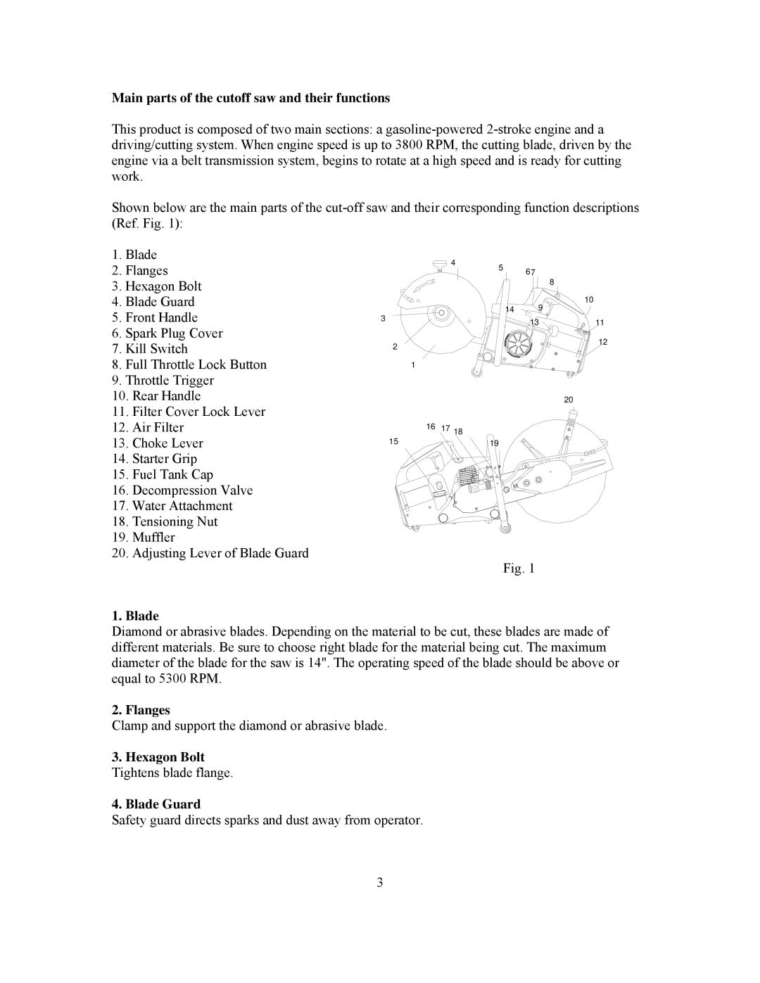 Panasonic 999000 owner manual Main parts of the cutoff saw and their functions, Blade, Flanges 