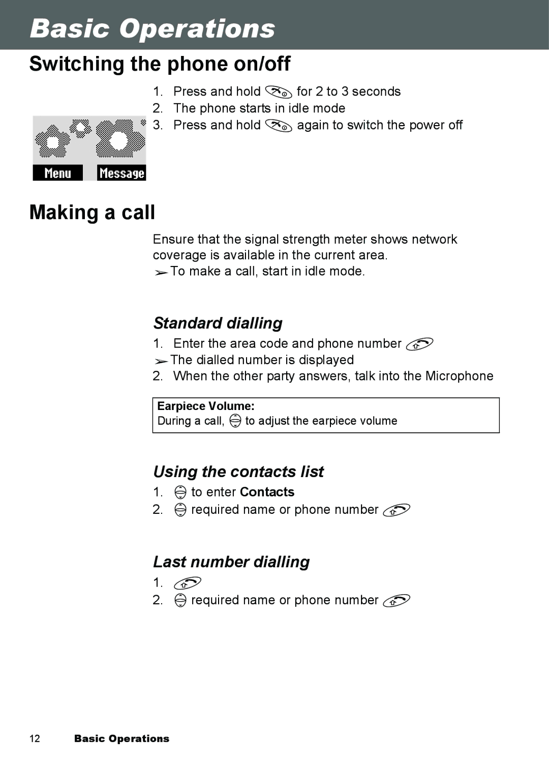 Panasonic A101, A100 manual Basic Operations, Switching the phone on/off, Making a call 