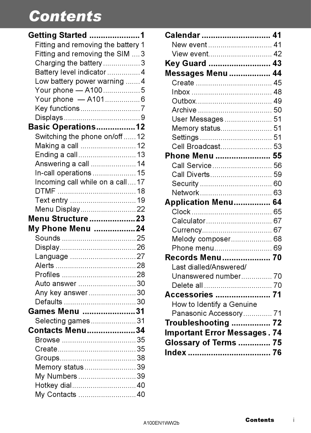 Panasonic A100, A101 manual Contents 