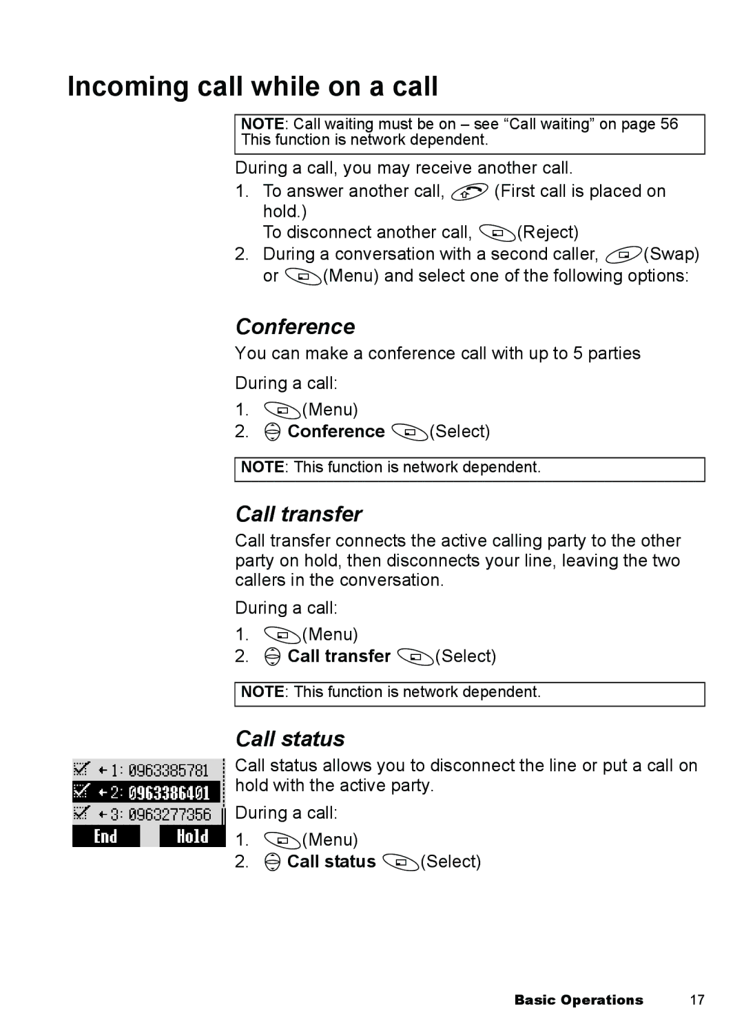 Panasonic A100, A101 manual Incoming call while on a call, Conference, Call transfer, Call status 