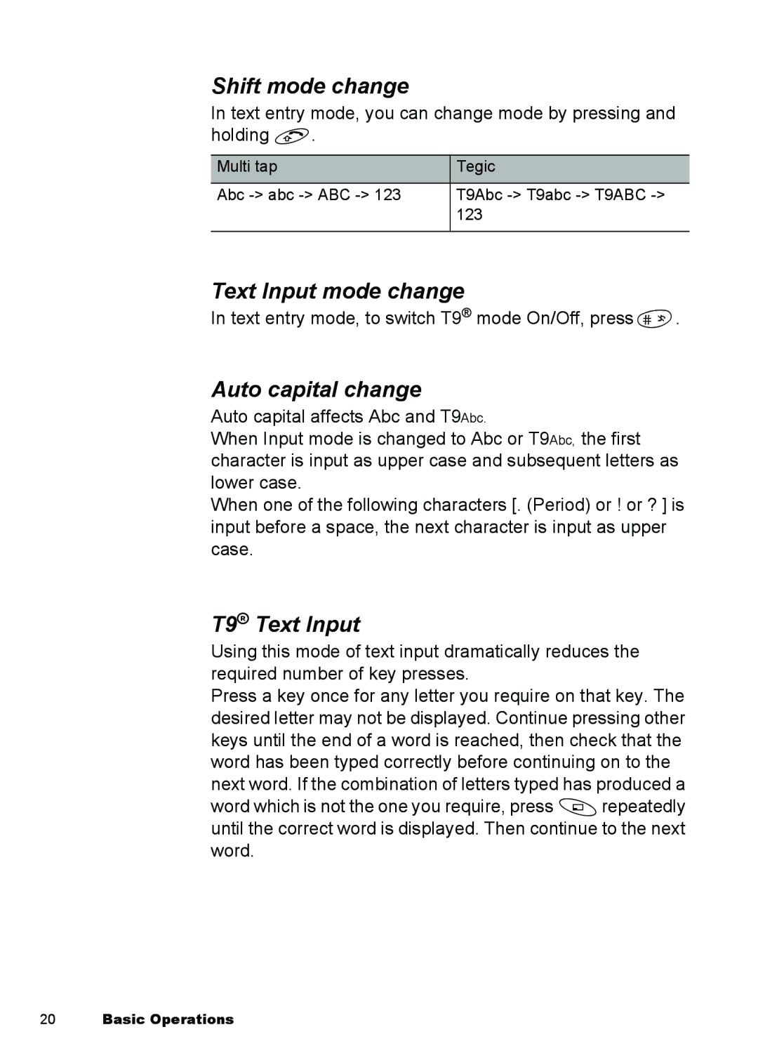 Panasonic A101, A100 manual Shift mode change, Text Input mode change, Auto capital change, T9 Text Input 