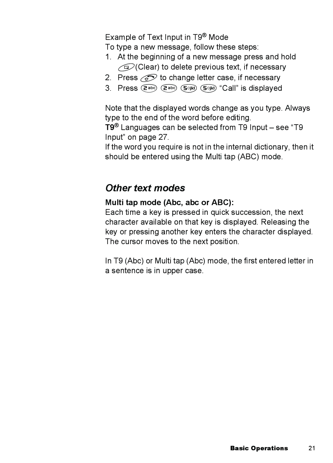 Panasonic A100, A101 manual Other text modes, Multi tap mode Abc, abc or ABC 