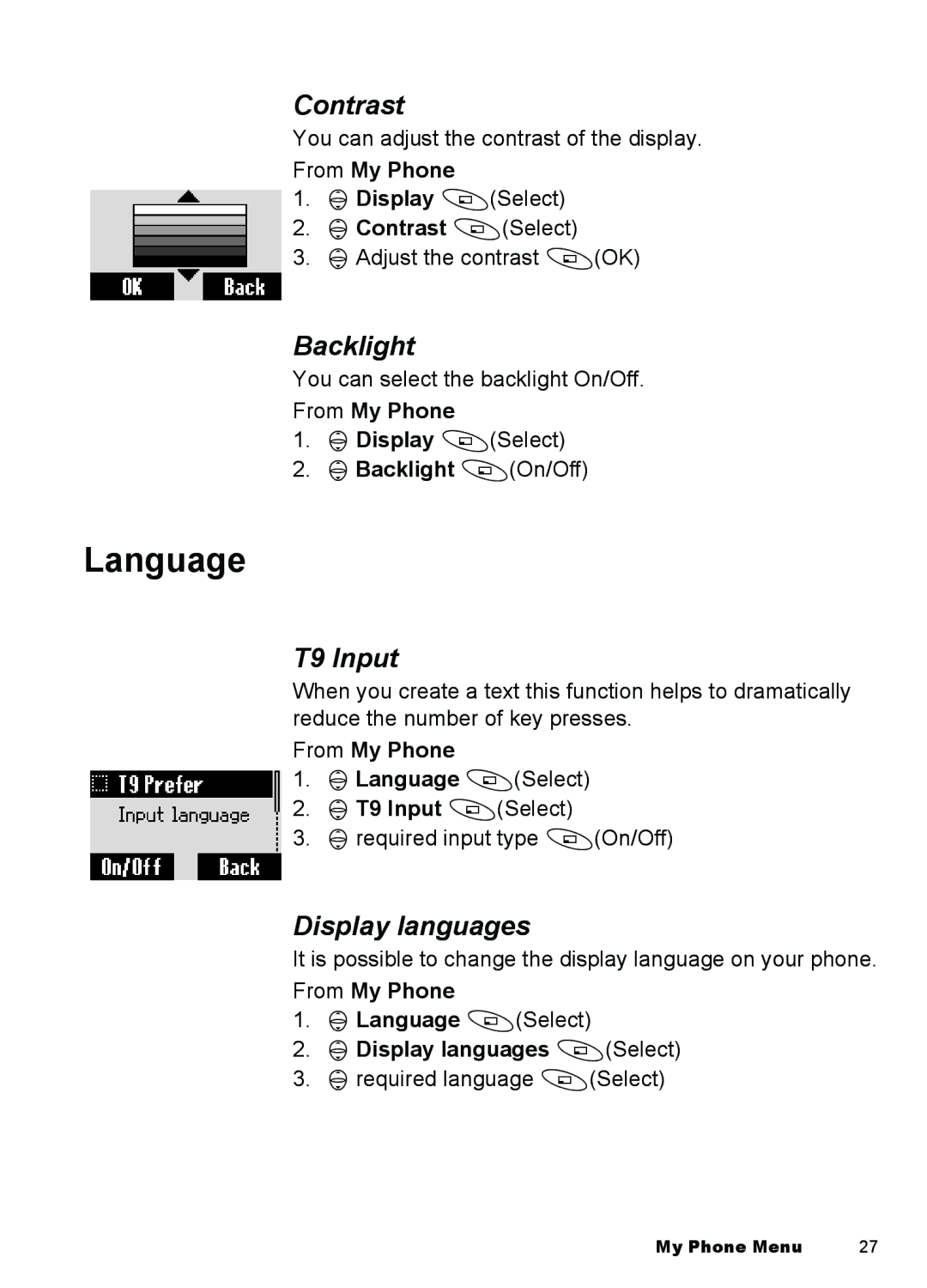 Panasonic A100, A101 manual Language, Contrast, Backlight, T9 Input, Display languages 