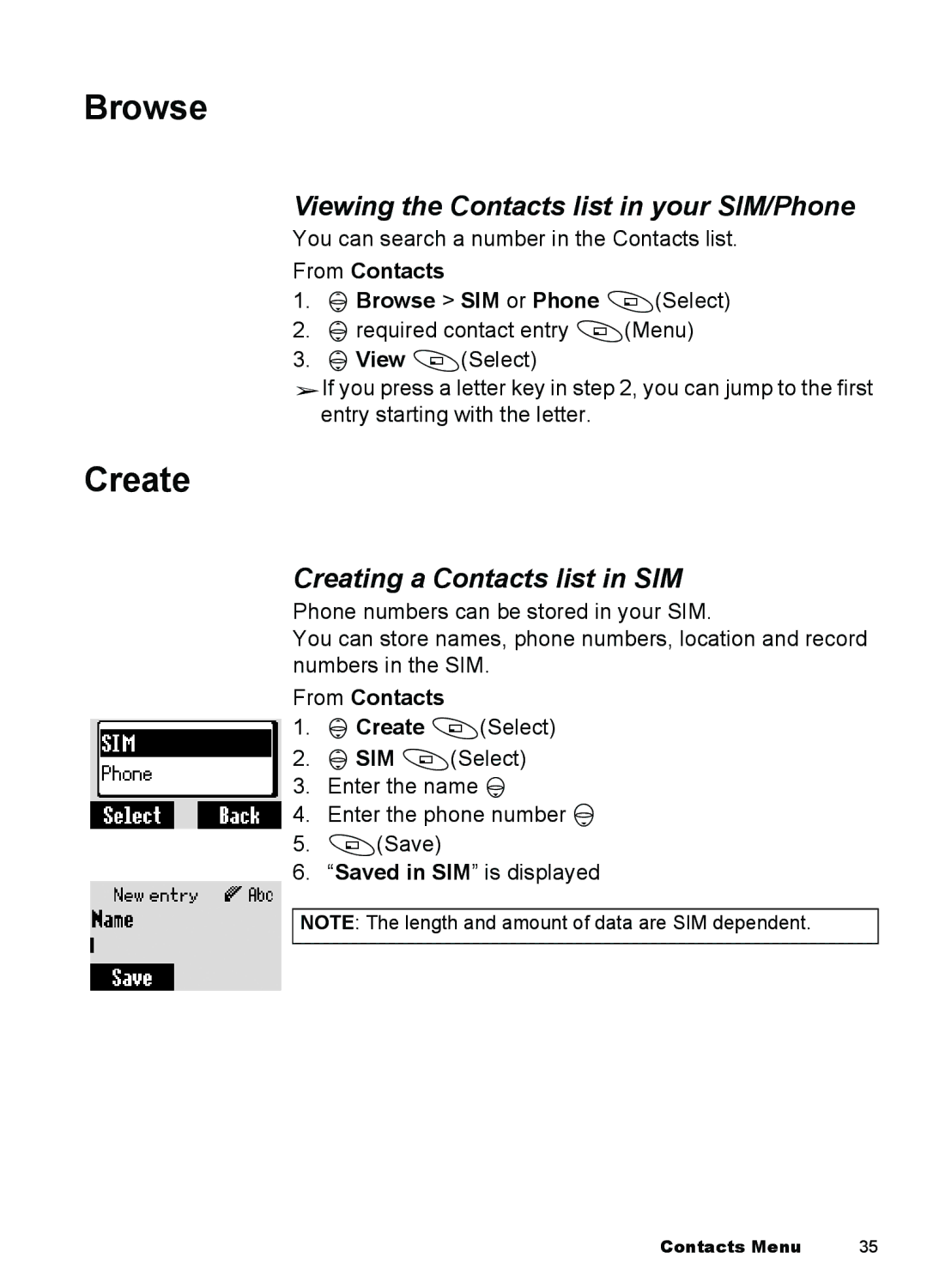 Panasonic A100, A101 manual Browse, Create, Viewing the Contacts list in your SIM/Phone, Creating a Contacts list in SIM 