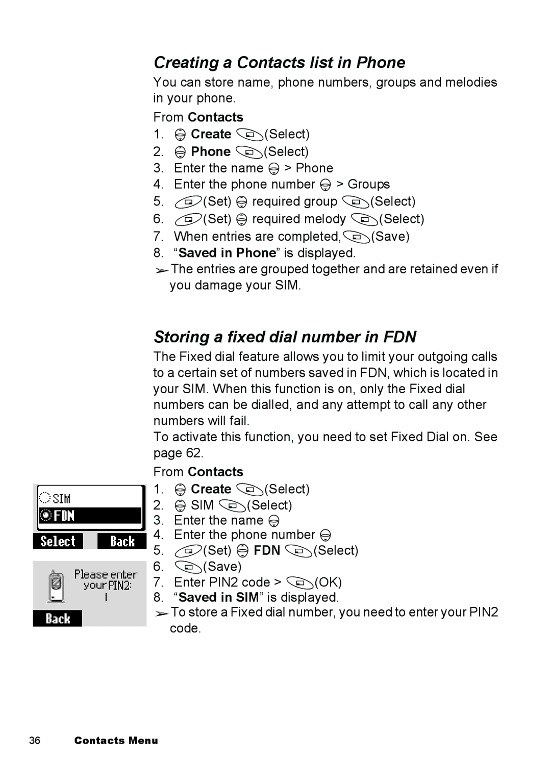 Panasonic A101, A100 manual Creating a Contacts list in Phone, Storing a fixed dial number in FDN 