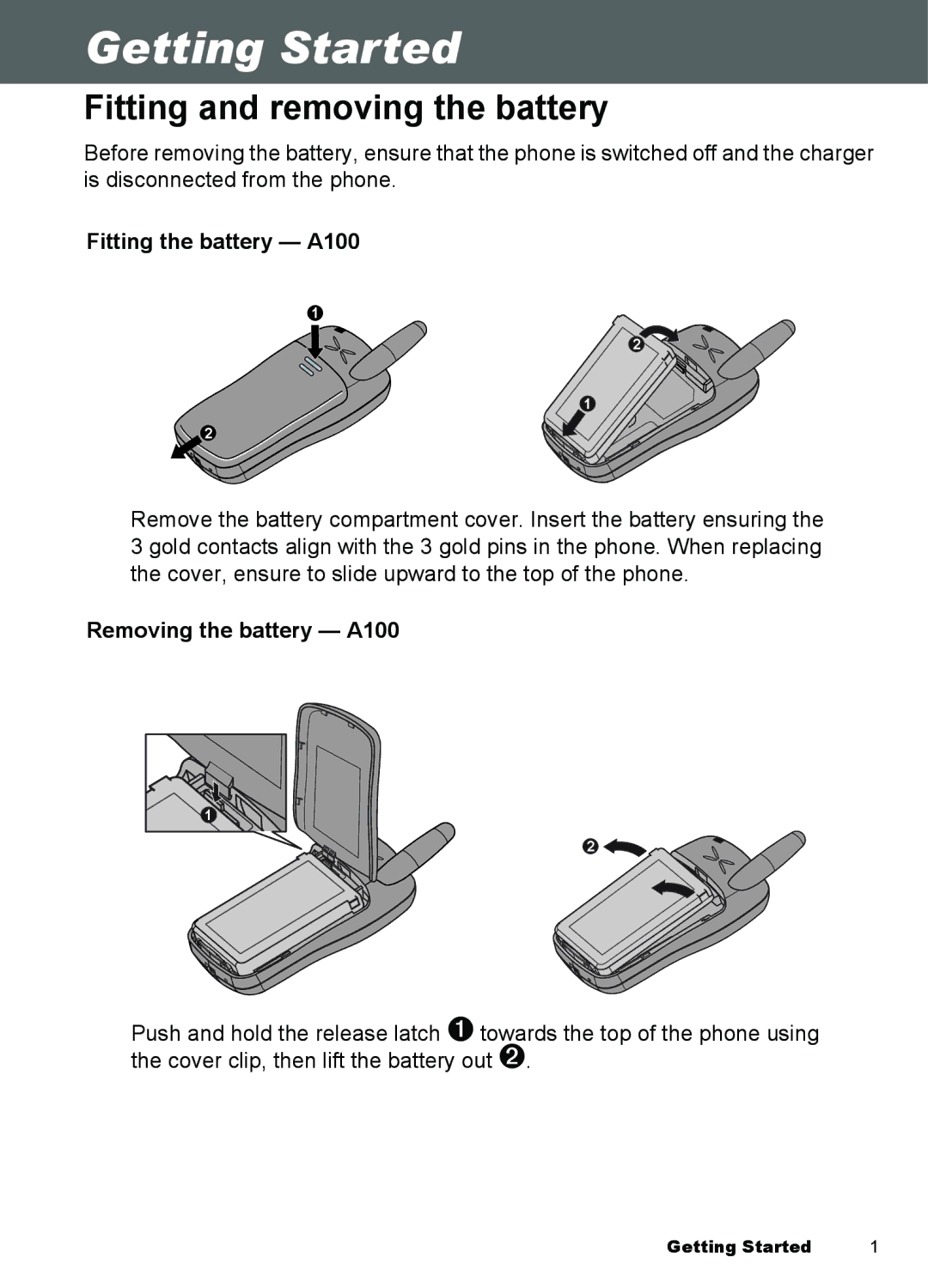 Panasonic A101 Getting Started, Fitting and removing the battery, Fitting the battery A100, Removing the battery A100 