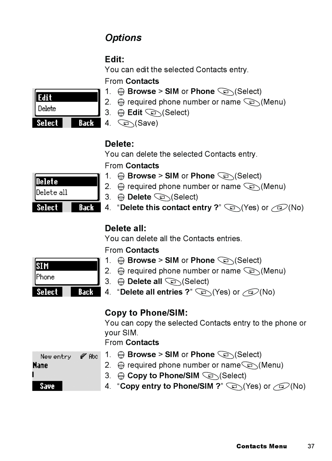 Panasonic A100, A101 manual Options, Edit, Delete all, Copy to Phone/SIM 