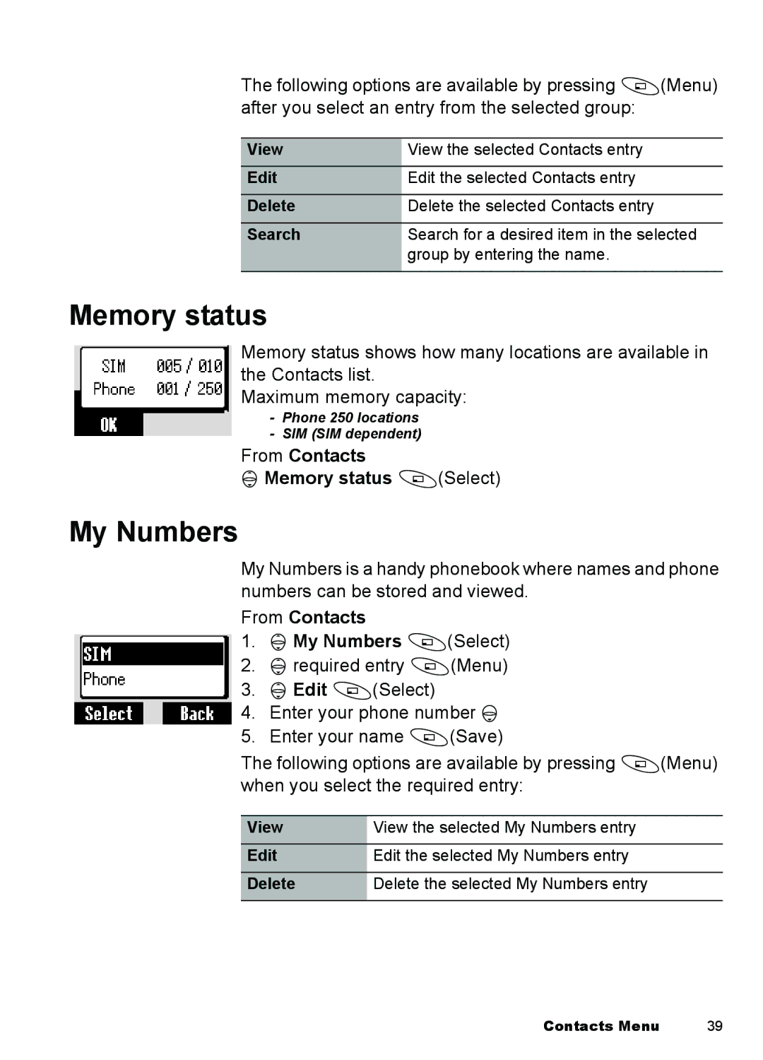 Panasonic A100, A101 manual From Contacts Memory status ASelect, From Contacts 4My Numbers ASelect 