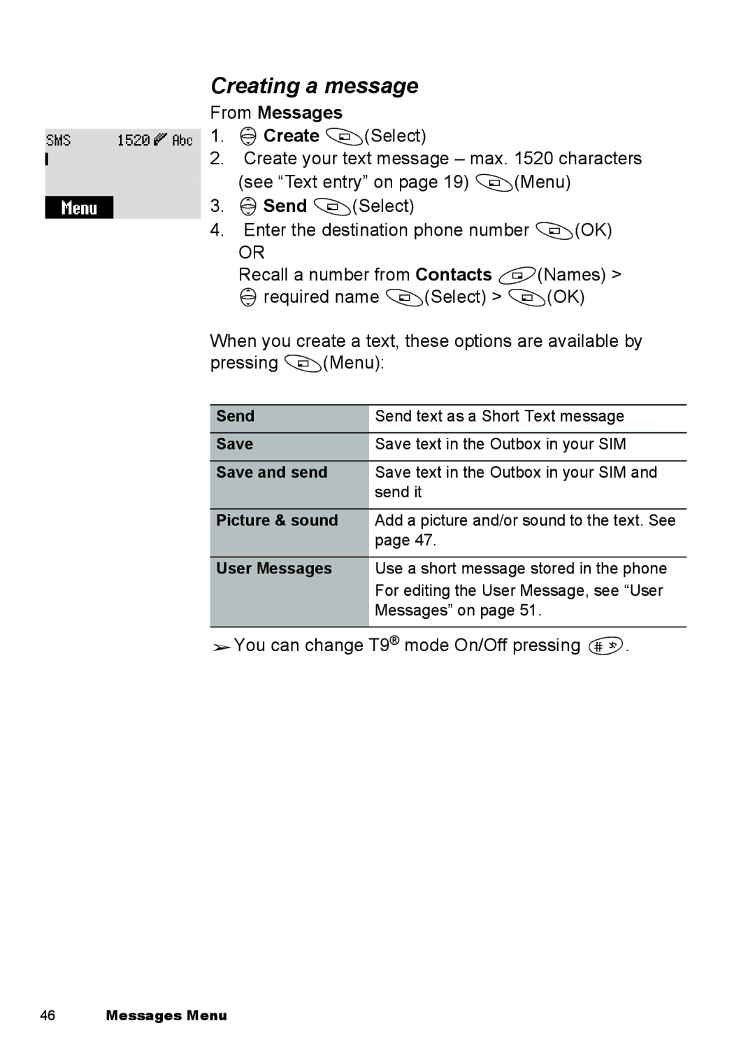 Panasonic A101, A100 manual Creating a message, From Messages 