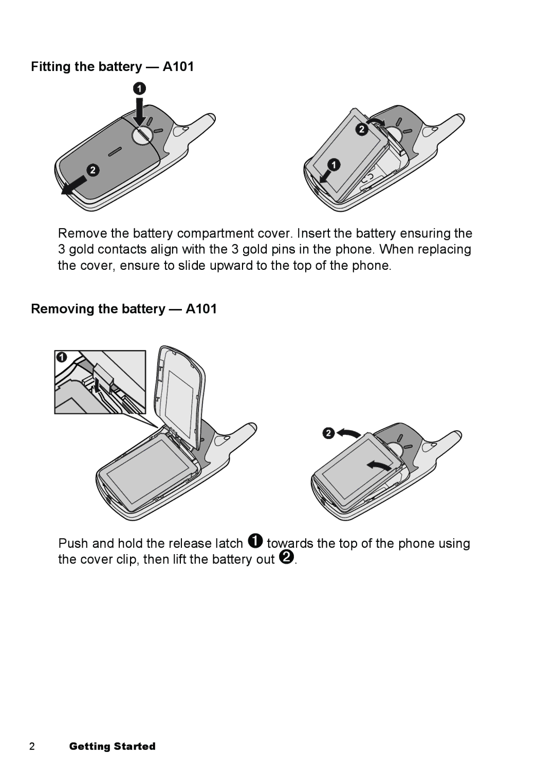 Panasonic A100 manual Fitting the battery A101, Removing the battery A101 