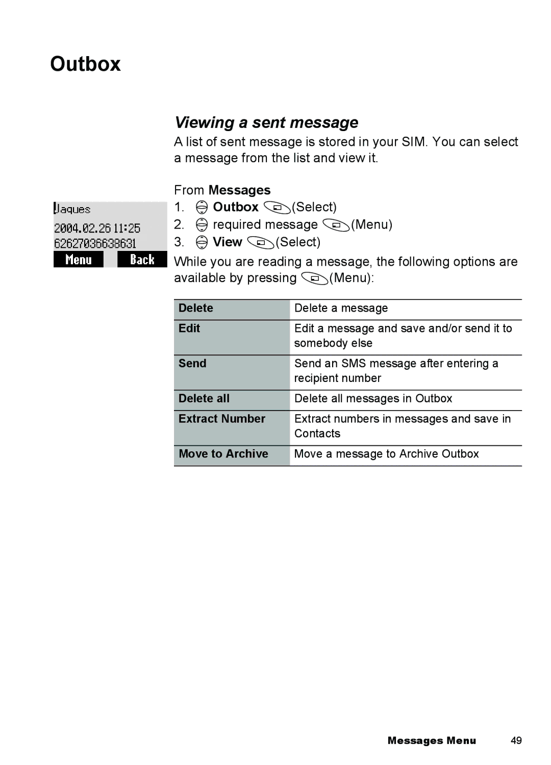 Panasonic A100, A101 manual Outbox, Viewing a sent message 