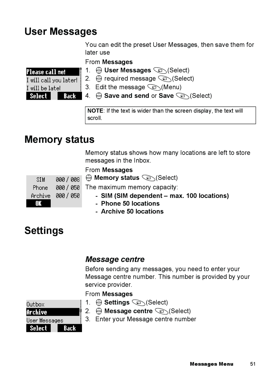 Panasonic A100, A101 manual Settings, From Messages 4User Messages ASelect, 4Save and send or Save ASelect 