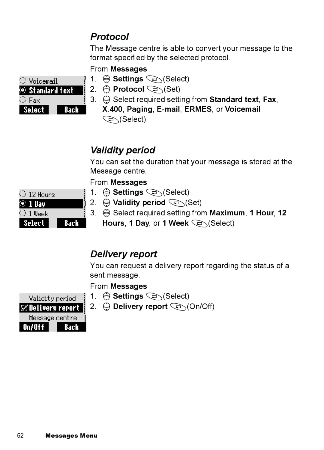 Panasonic A101, A100 manual Protocol, Validity period, Delivery report 