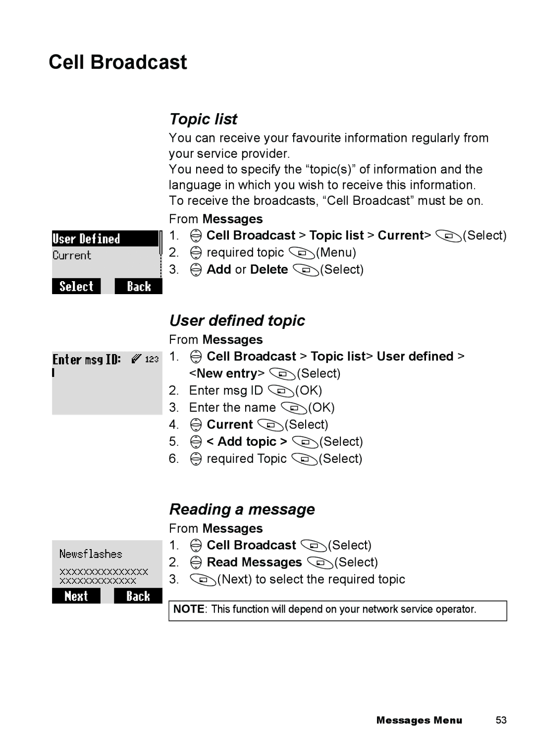 Panasonic A100, A101 manual Cell Broadcast, Topic list, User defined topic, Reading a message 