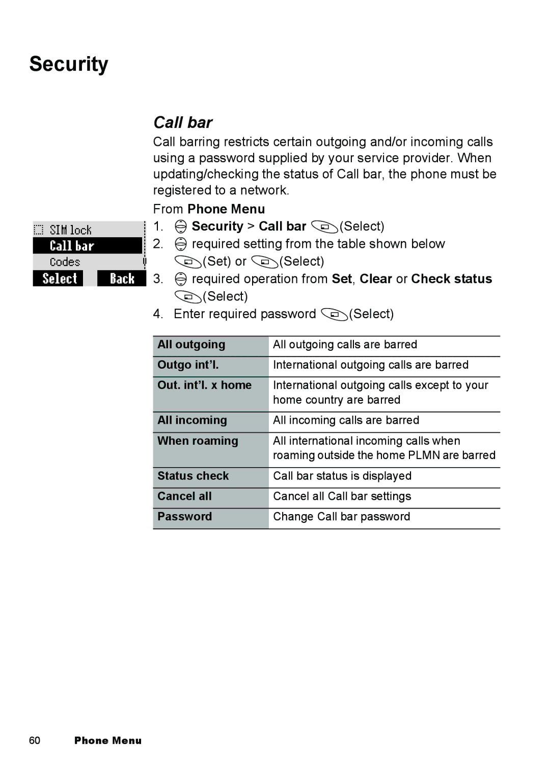 Panasonic A101, A100 manual From Phone Menu 4Security Call bar ASelect 