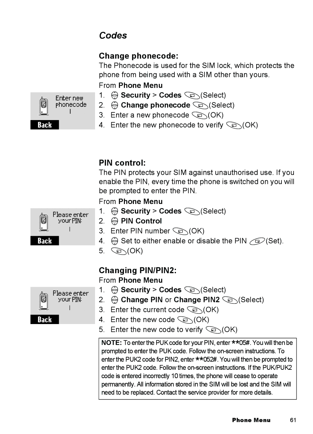 Panasonic A100, A101 manual Codes, Change phonecode, PIN control, Changing PIN/PIN2 