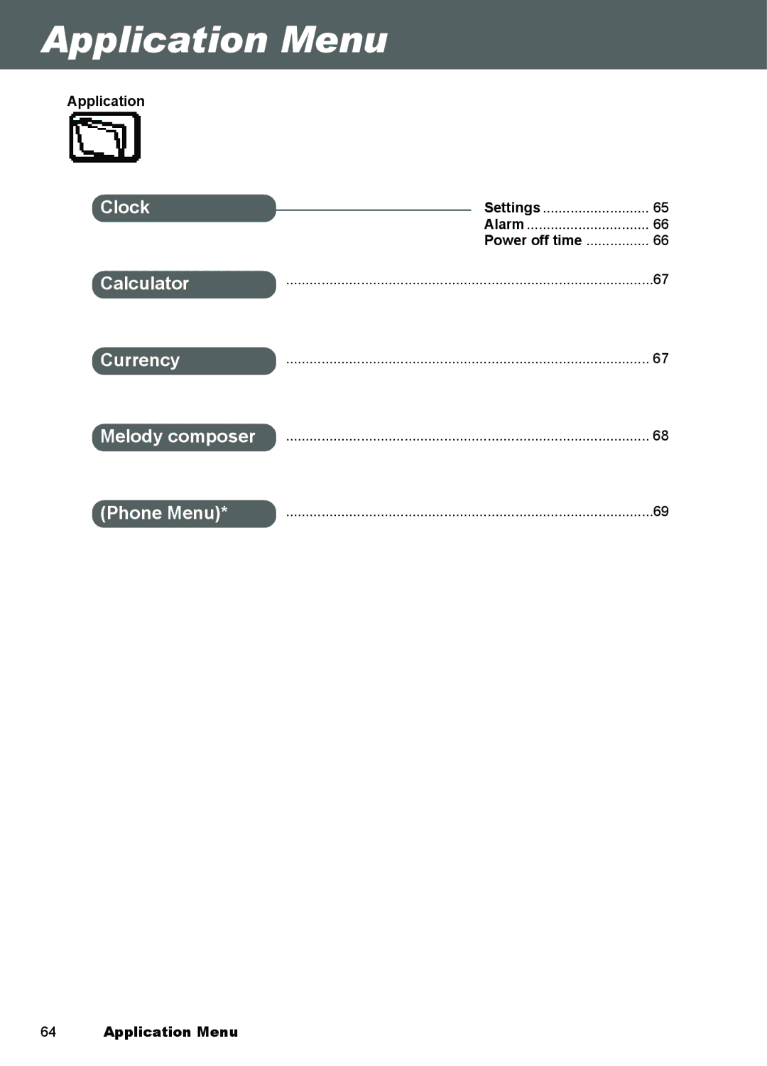 Panasonic A101, A100 manual Application Menu 