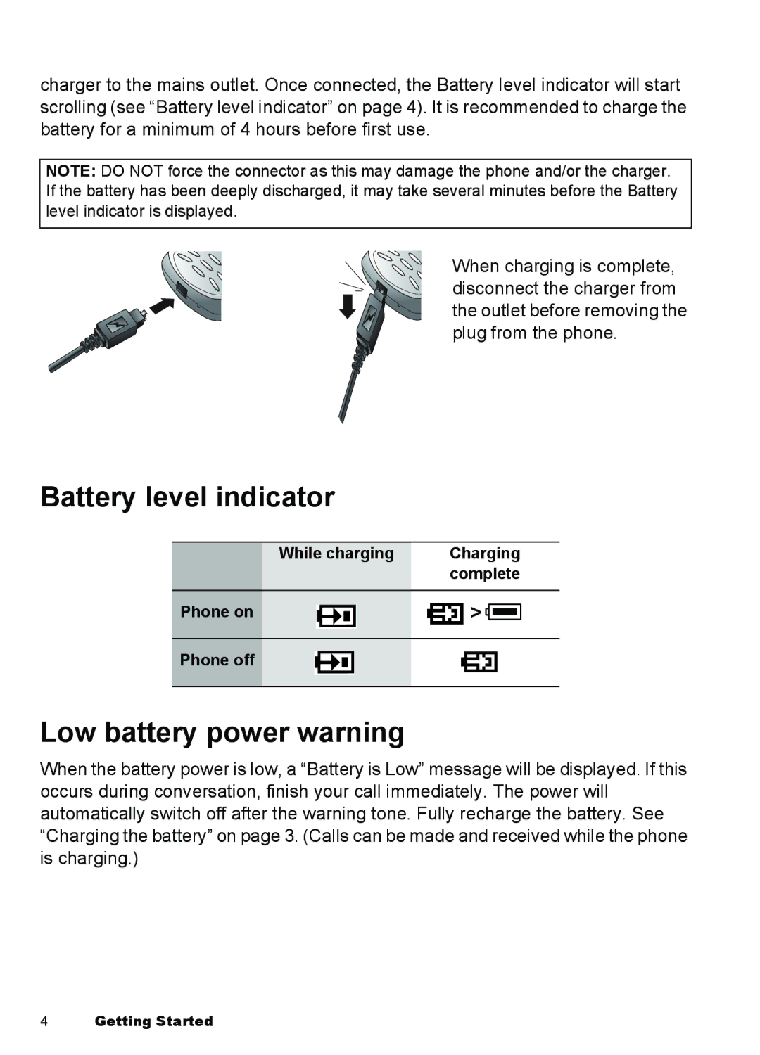 Panasonic A101, A100 manual Battery level indicator, Low battery power warning 