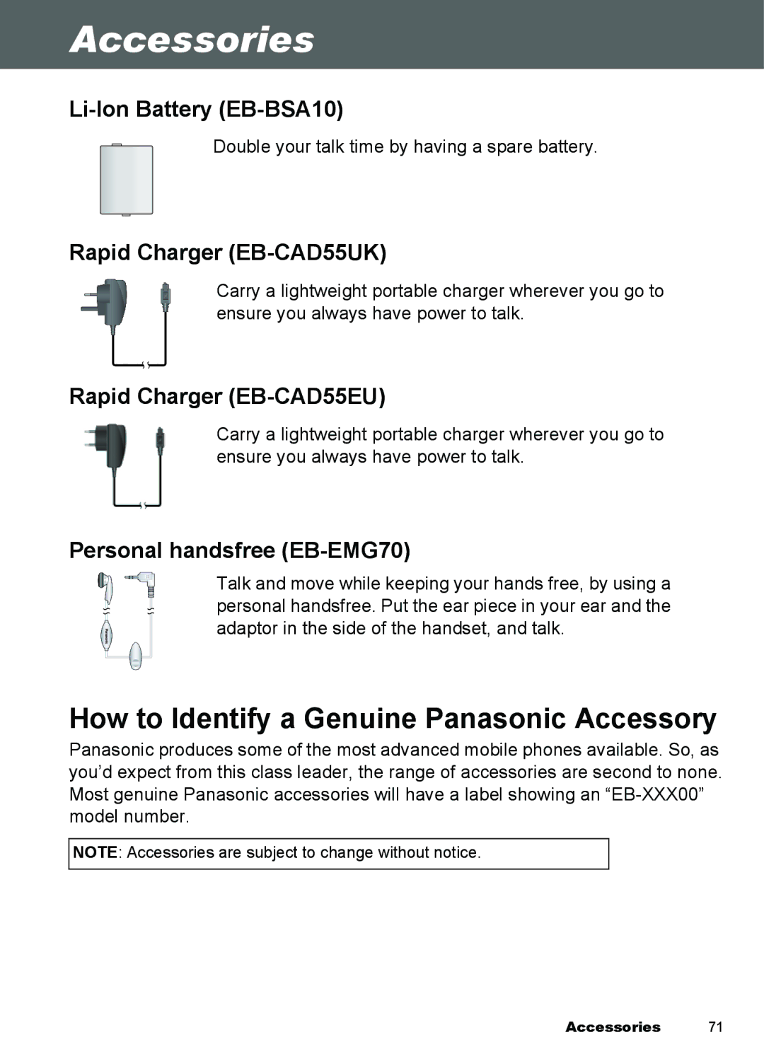 Panasonic A100, A101 manual Accessories, How to Identify a Genuine Panasonic Accessory 