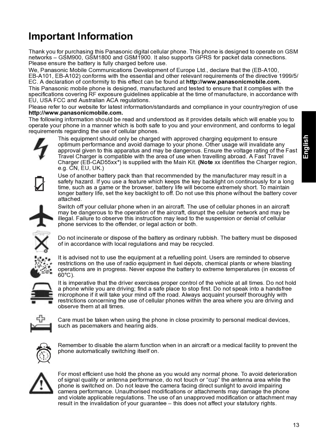 Panasonic A102 manual Important Information 