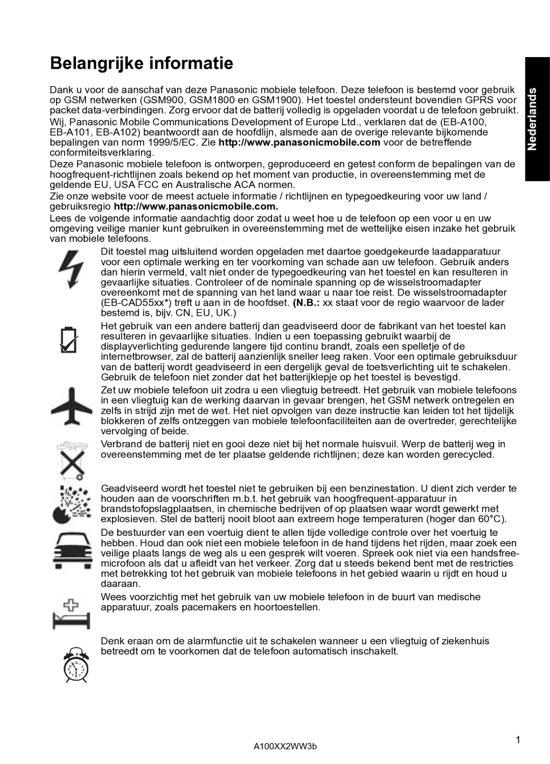 Panasonic A102 manual Belangrijke informatie 