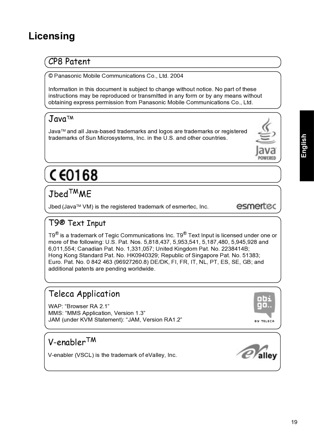 Panasonic A102 manual Licensing 