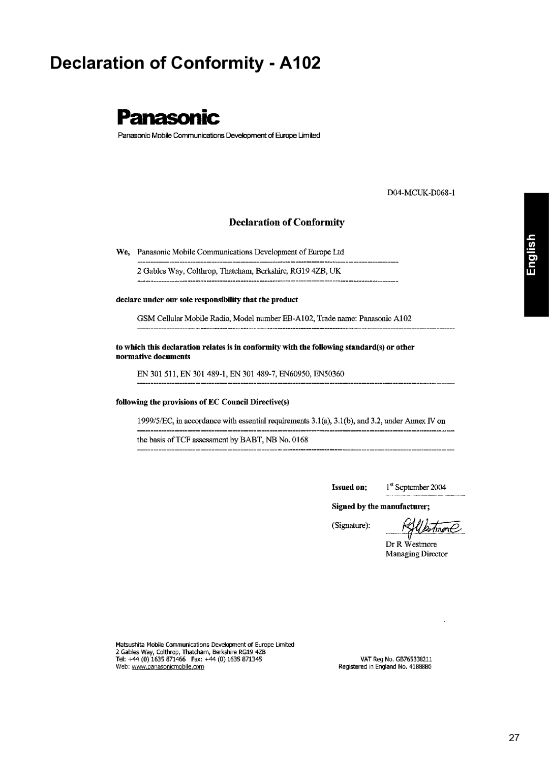 Panasonic manual Declaration of Conformity A102 