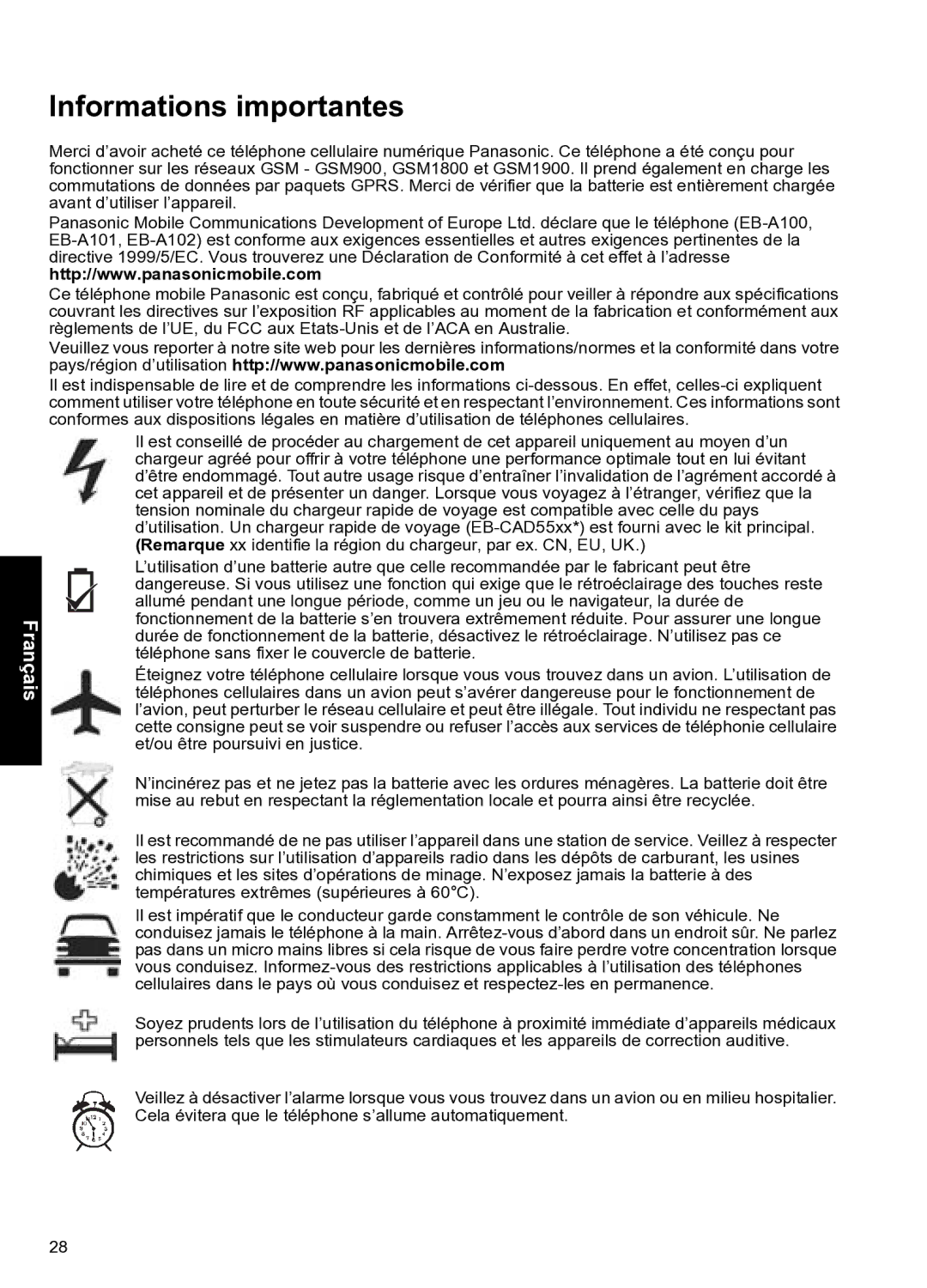 Panasonic A102 manual Informations importantes, Français 