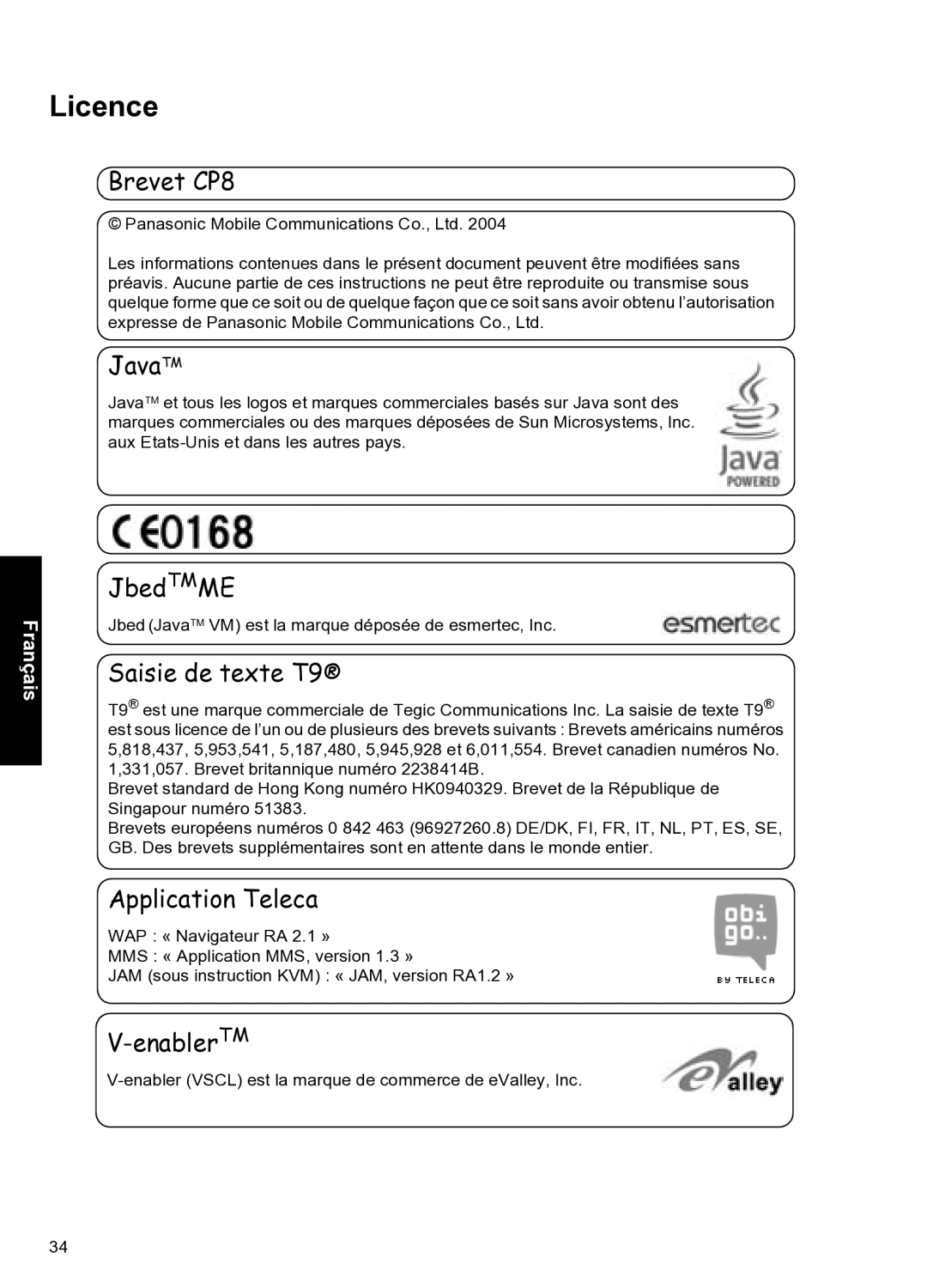 Panasonic A102 manual Licence, Brevet CP8 JavaTM 