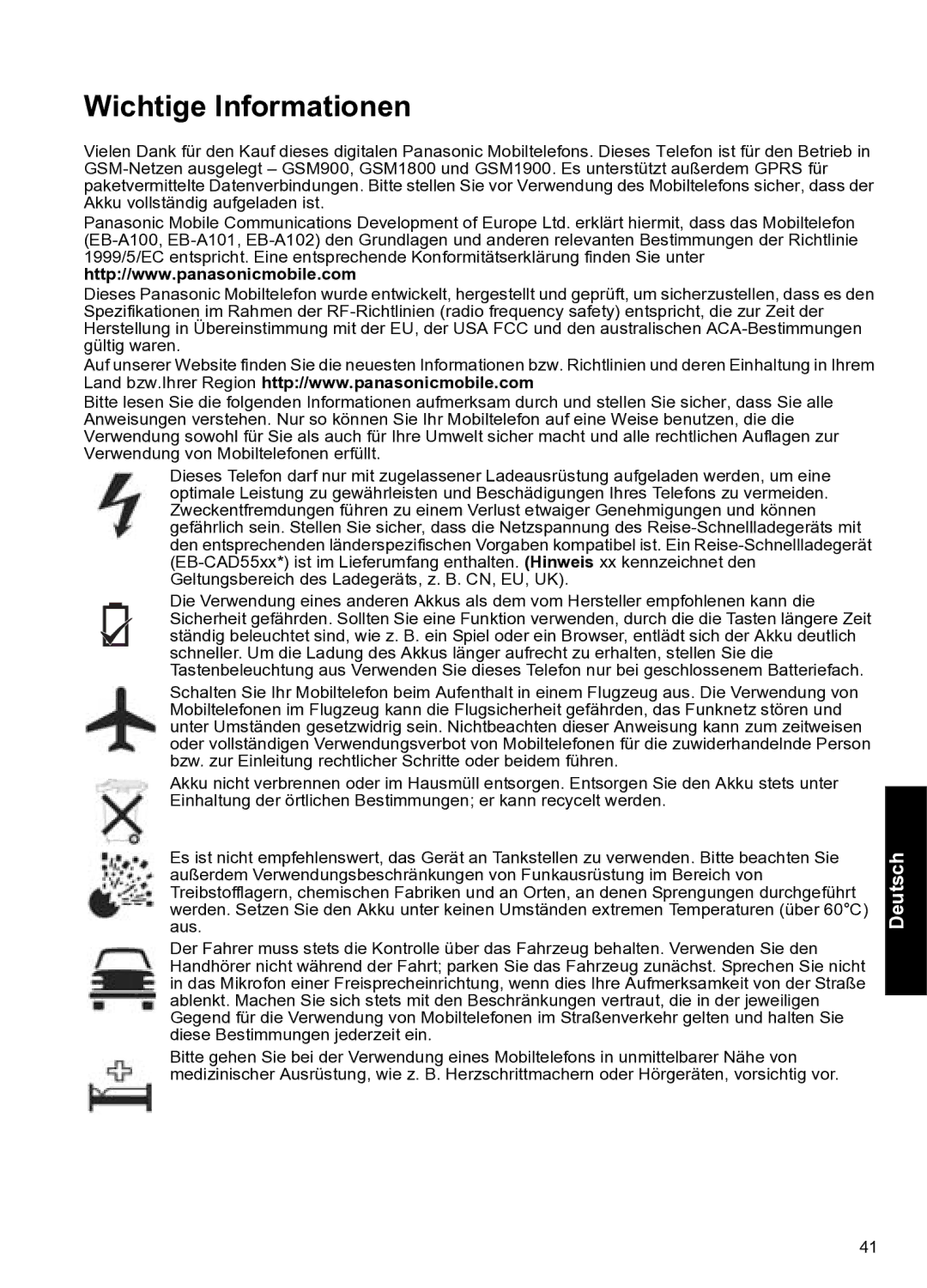 Panasonic A102 manual Wichtige Informationen 