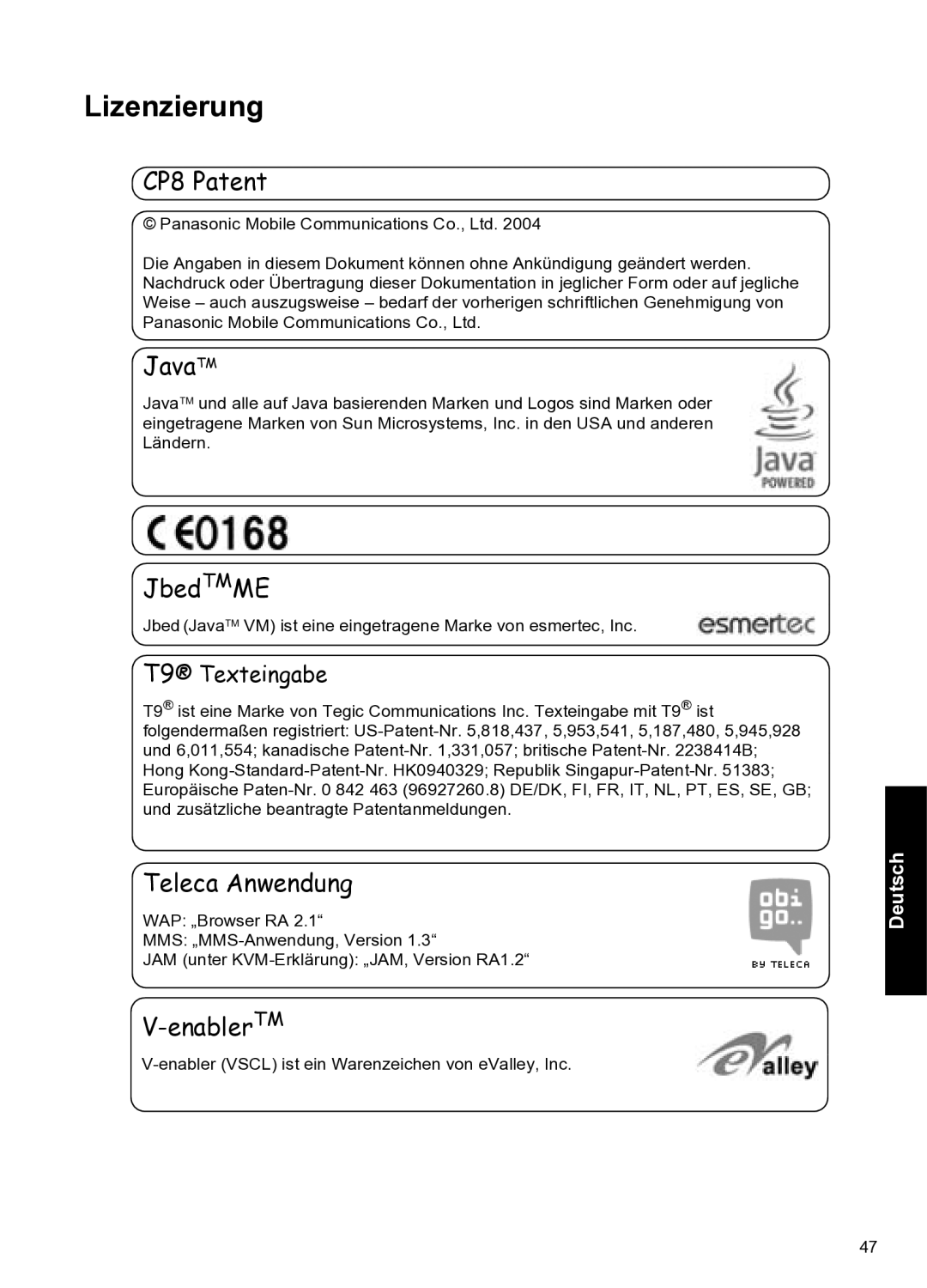 Panasonic A102 manual Lizenzierung, T9 Texteingabe 