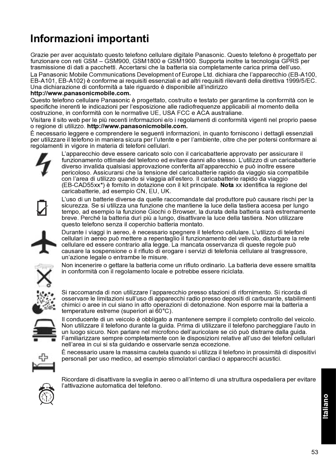 Panasonic A102 manual Informazioni importanti 