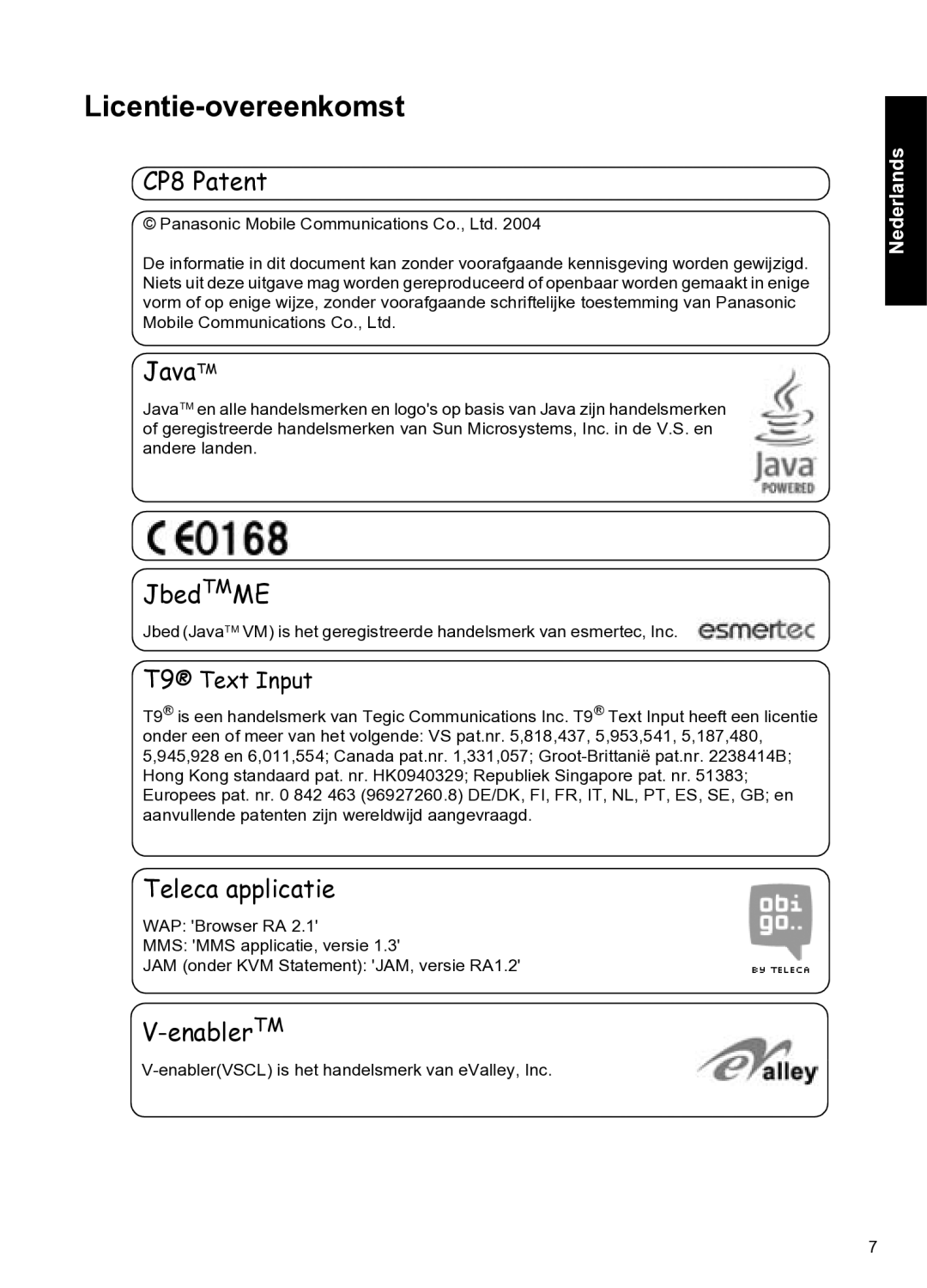 Panasonic A102 manual Licentie-overeenkomst, CP8 Patent JavaTM 