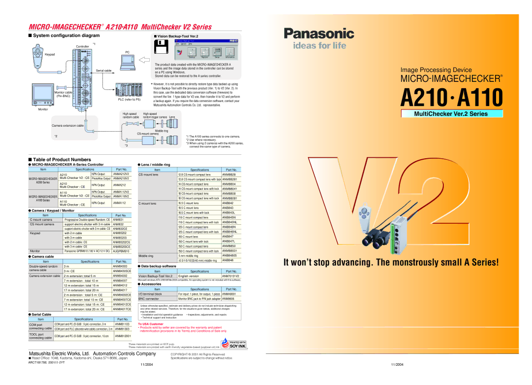 Panasonic A110, A210 specifications System configuration diagram, Table of Product Numbers 