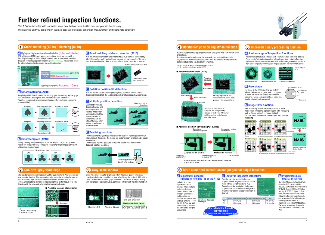 Panasonic specifications Further refined inspection functions, Smart matching A210 / Matching A110 