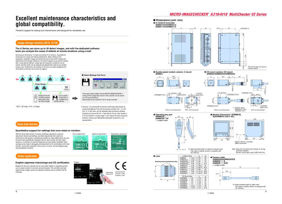 Panasonic specifications Image storage function A210, A110, Setup help function, Global application, Dimensions unit mm 