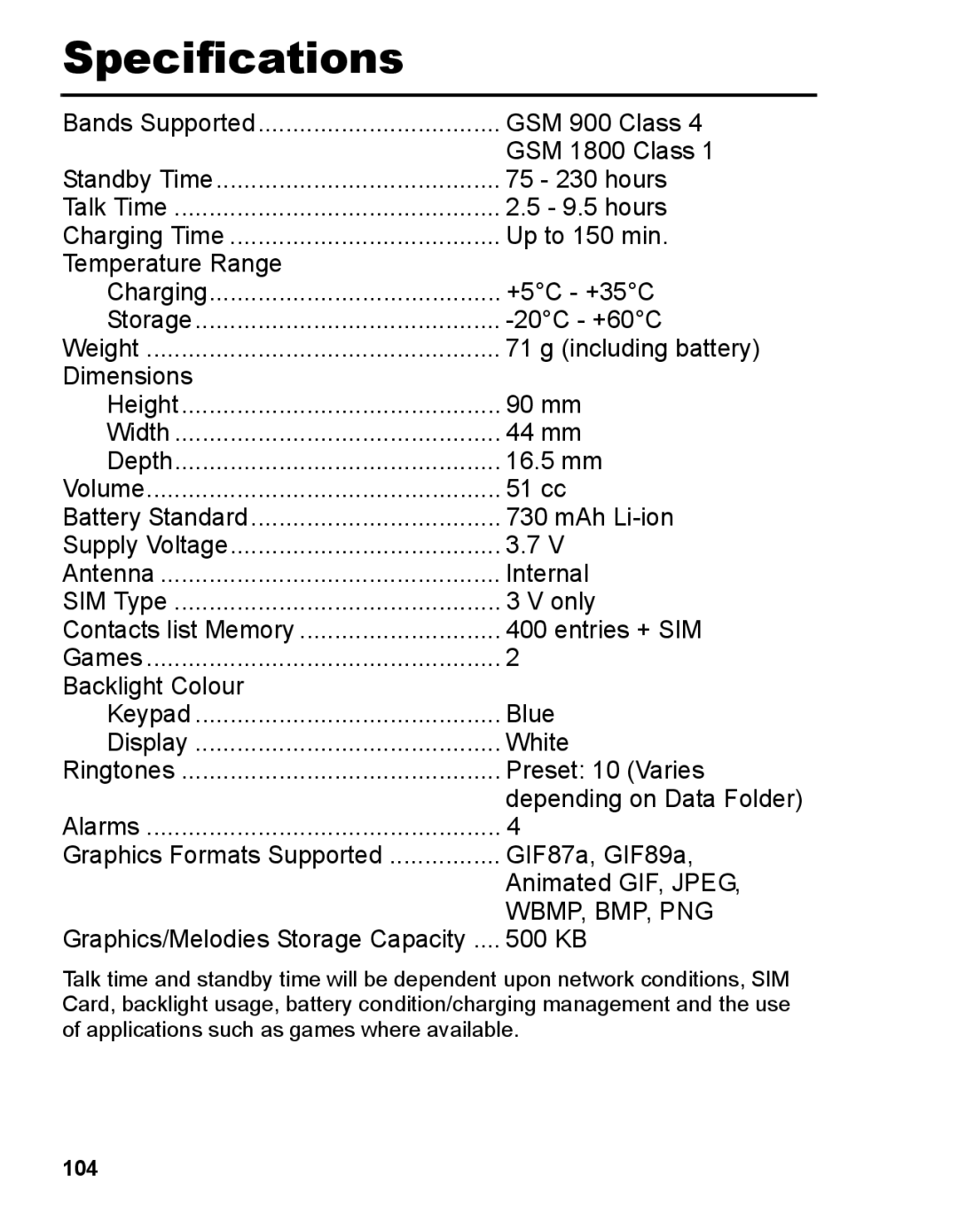 Panasonic A210 manual Specifications, 104 