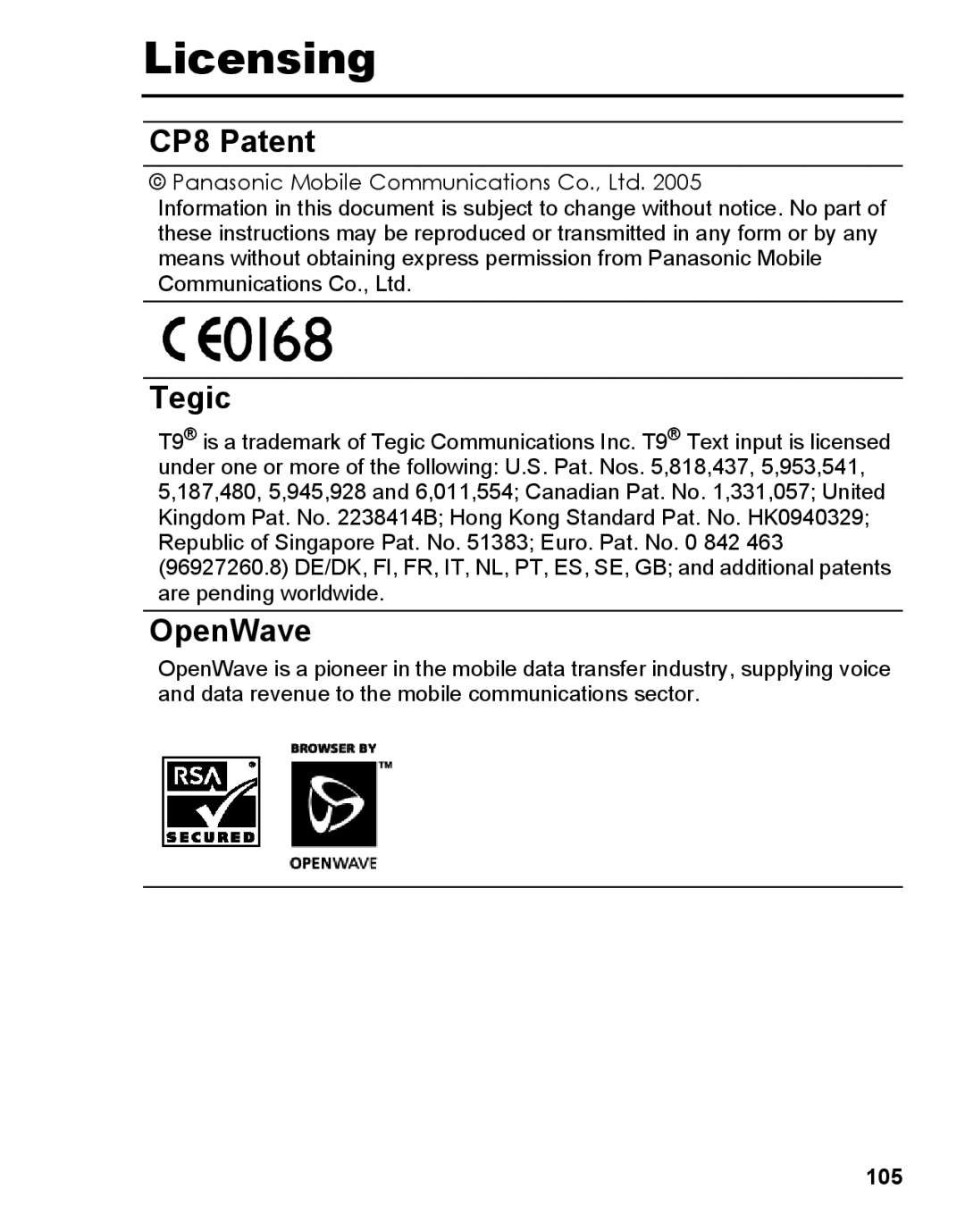 Panasonic A210 manual Licensing, 105 