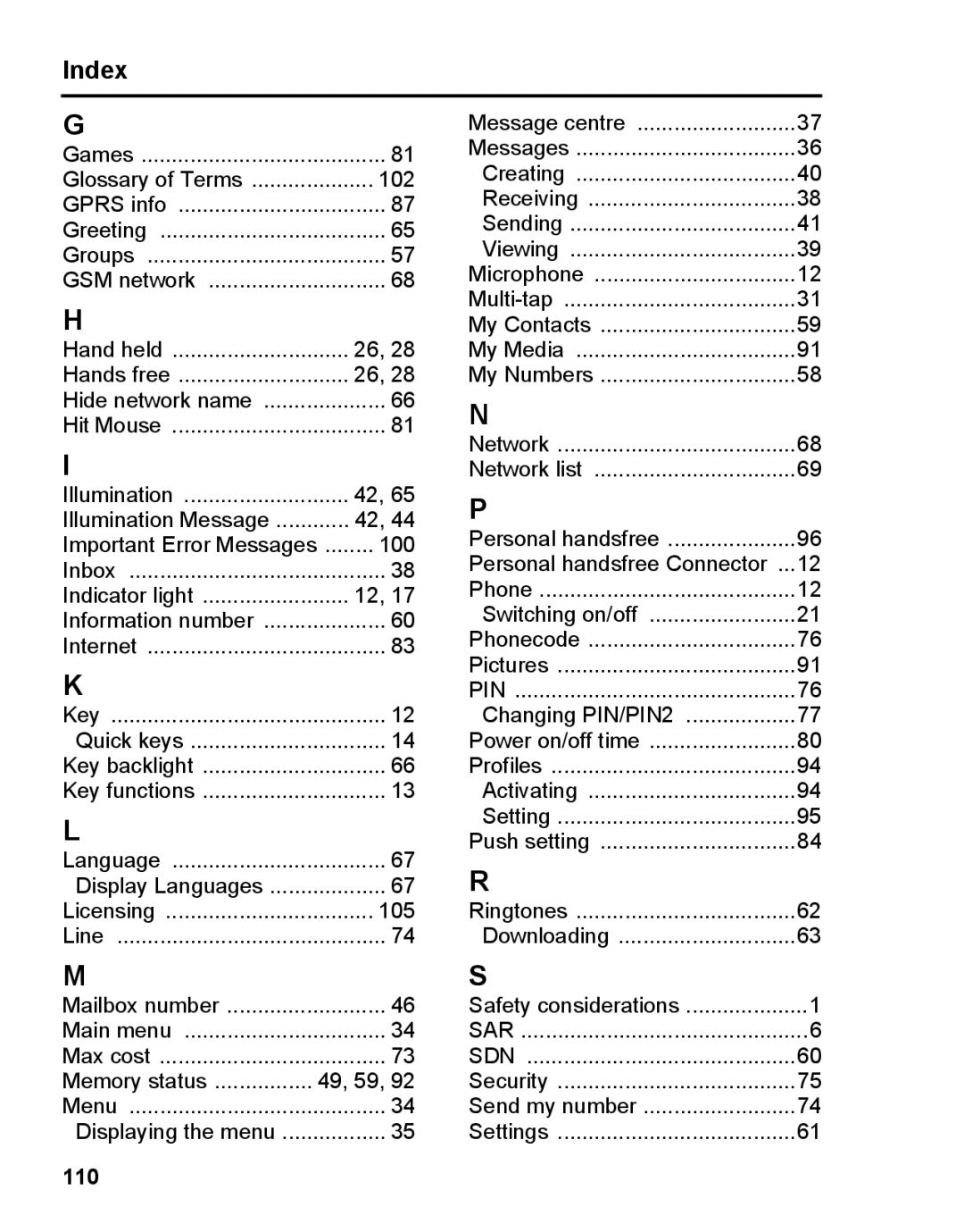 Panasonic A210 manual Index, 110 