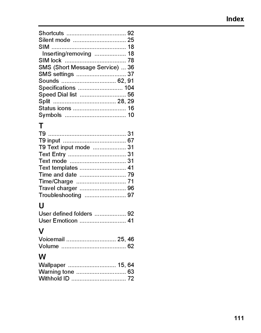 Panasonic A210 manual 104, 111 