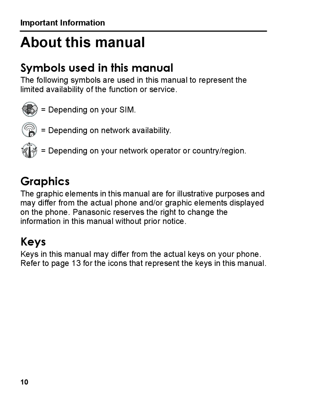 Panasonic A210 About this manual, Symbols used in this manual, Graphics, Keys 