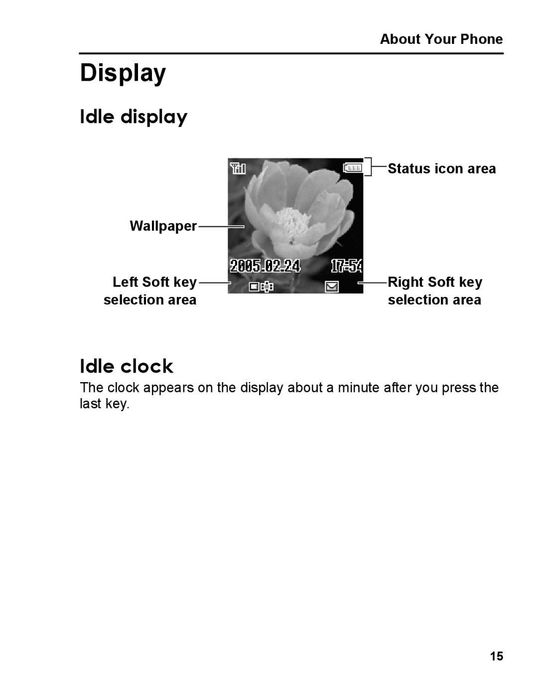 Panasonic A210 manual Display, Idle display, Idle clock, Status icon area Wallpaper Left Soft key 