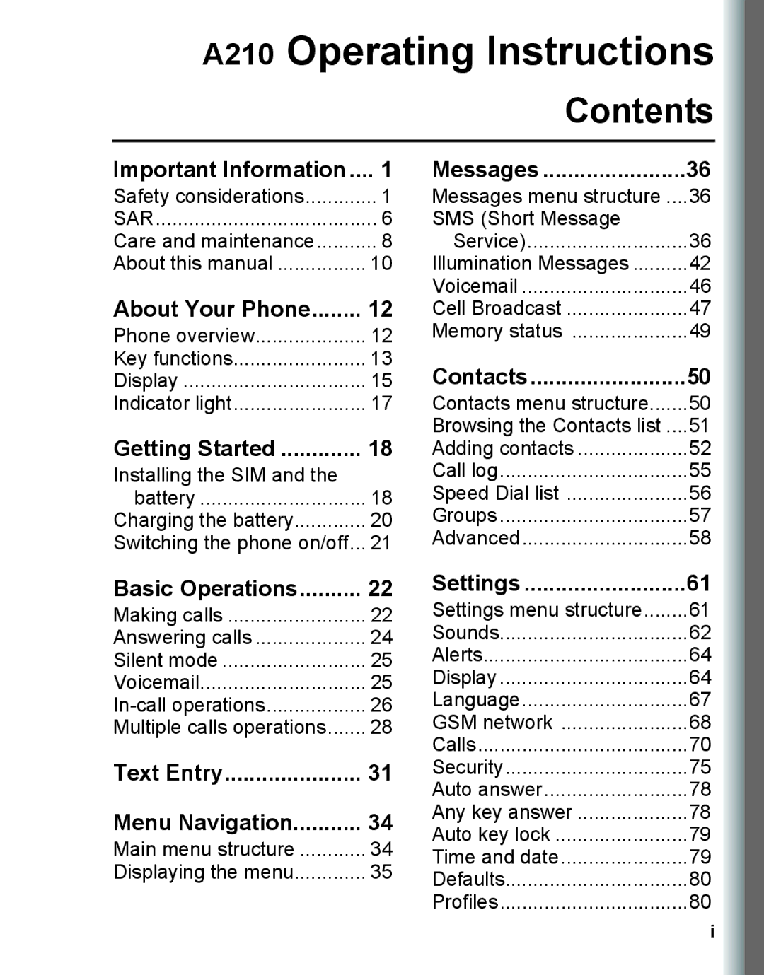 Panasonic manual A210 Operating Instructions, Contents 