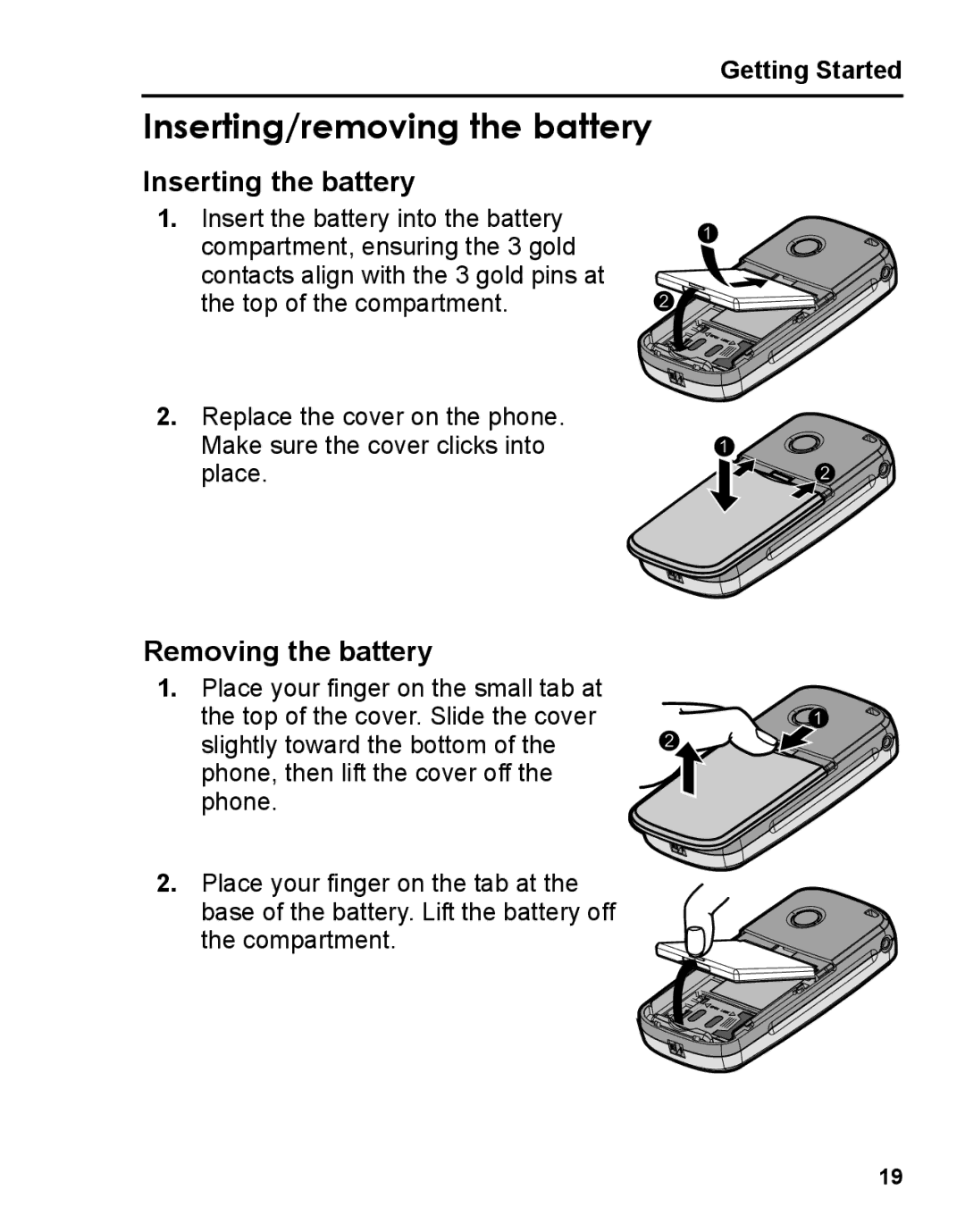 Panasonic A210 manual Inserting/removing the battery, Inserting the battery, Removing the battery, Getting Started 