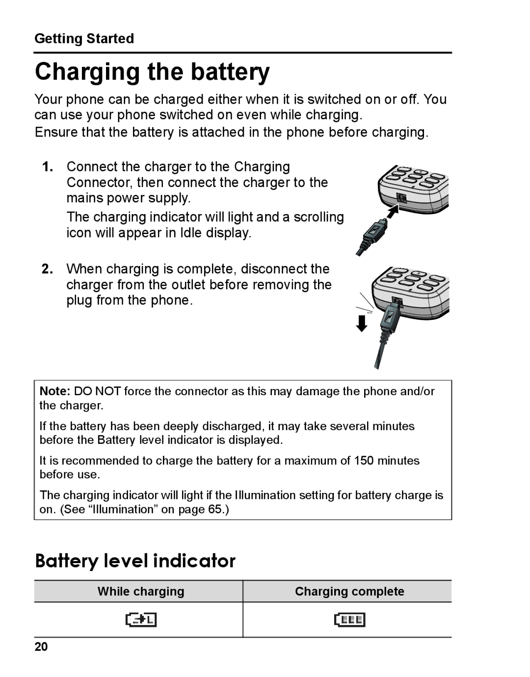 Panasonic A210 manual Charging the battery, Battery level indicator, While charging Charging complete 