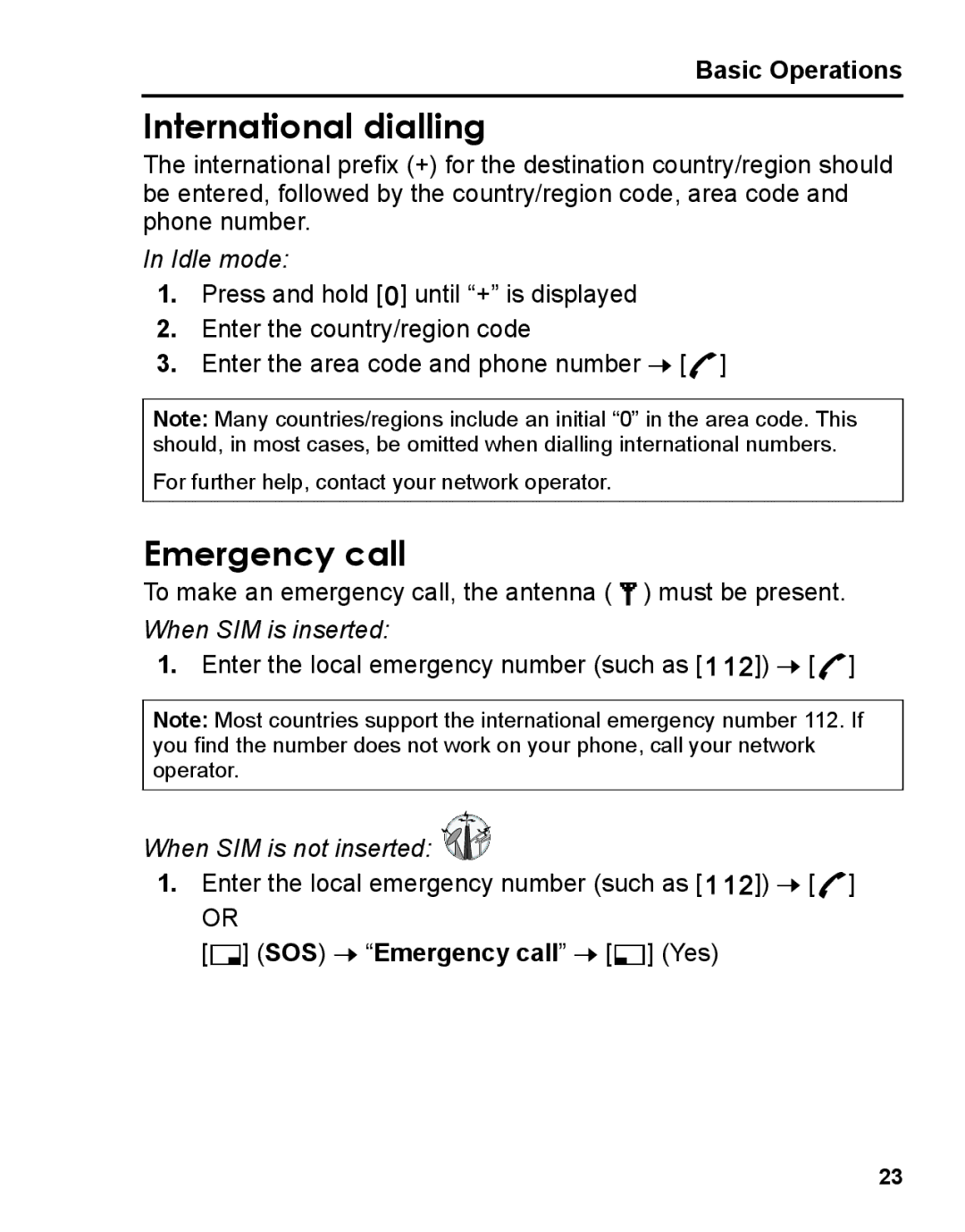 Panasonic A210 manual International dialling, Emergency call, Basic Operations 