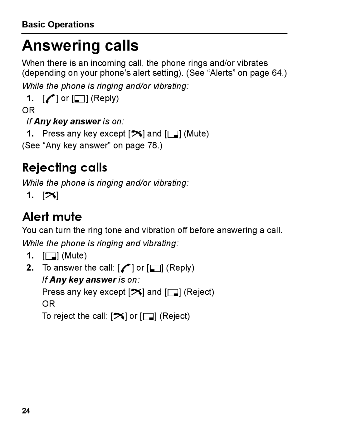 Panasonic A210 manual Answering calls, Rejecting calls, Alert mute 