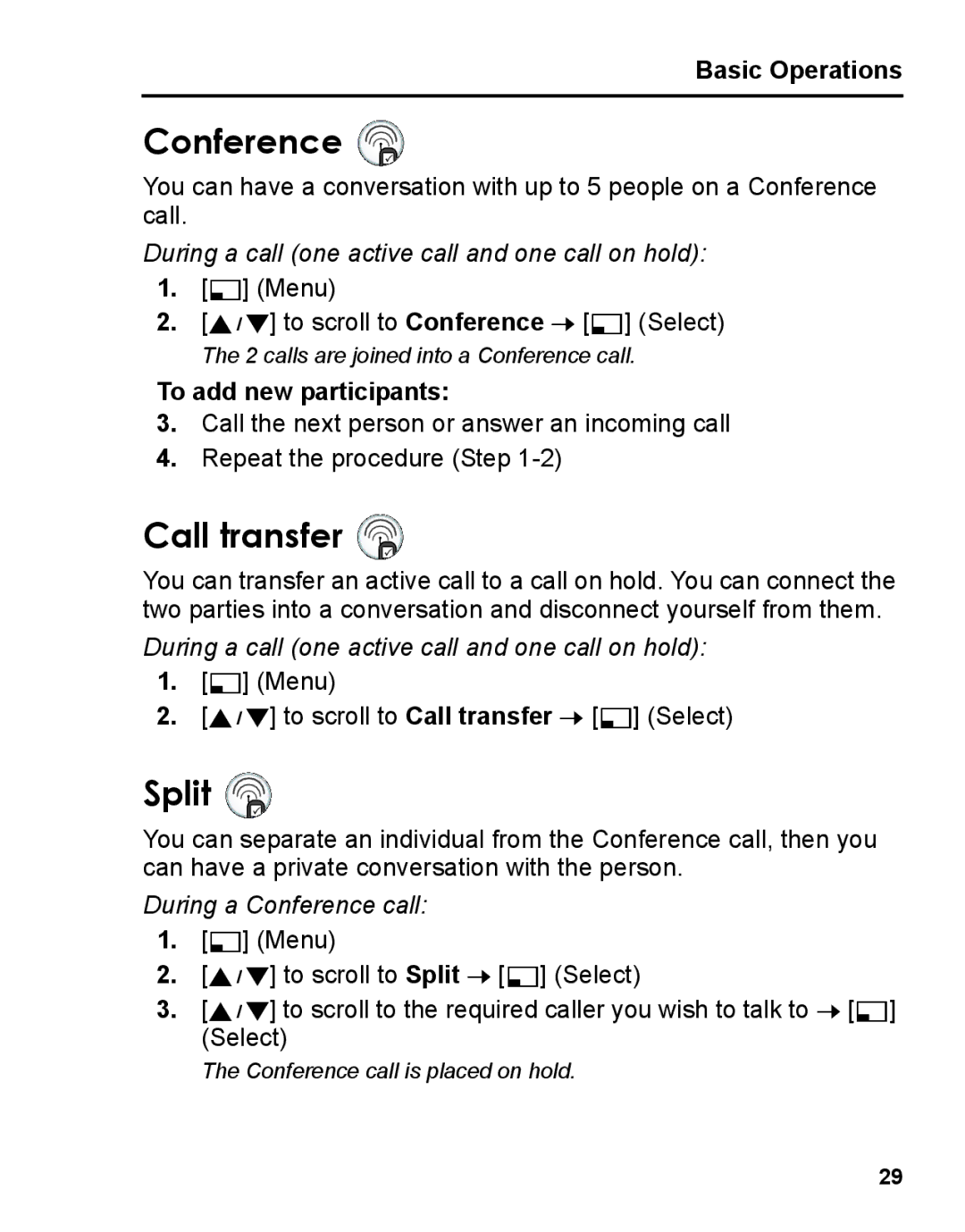 Panasonic A210 manual Conference, Call transfer, Split, To add new participants 