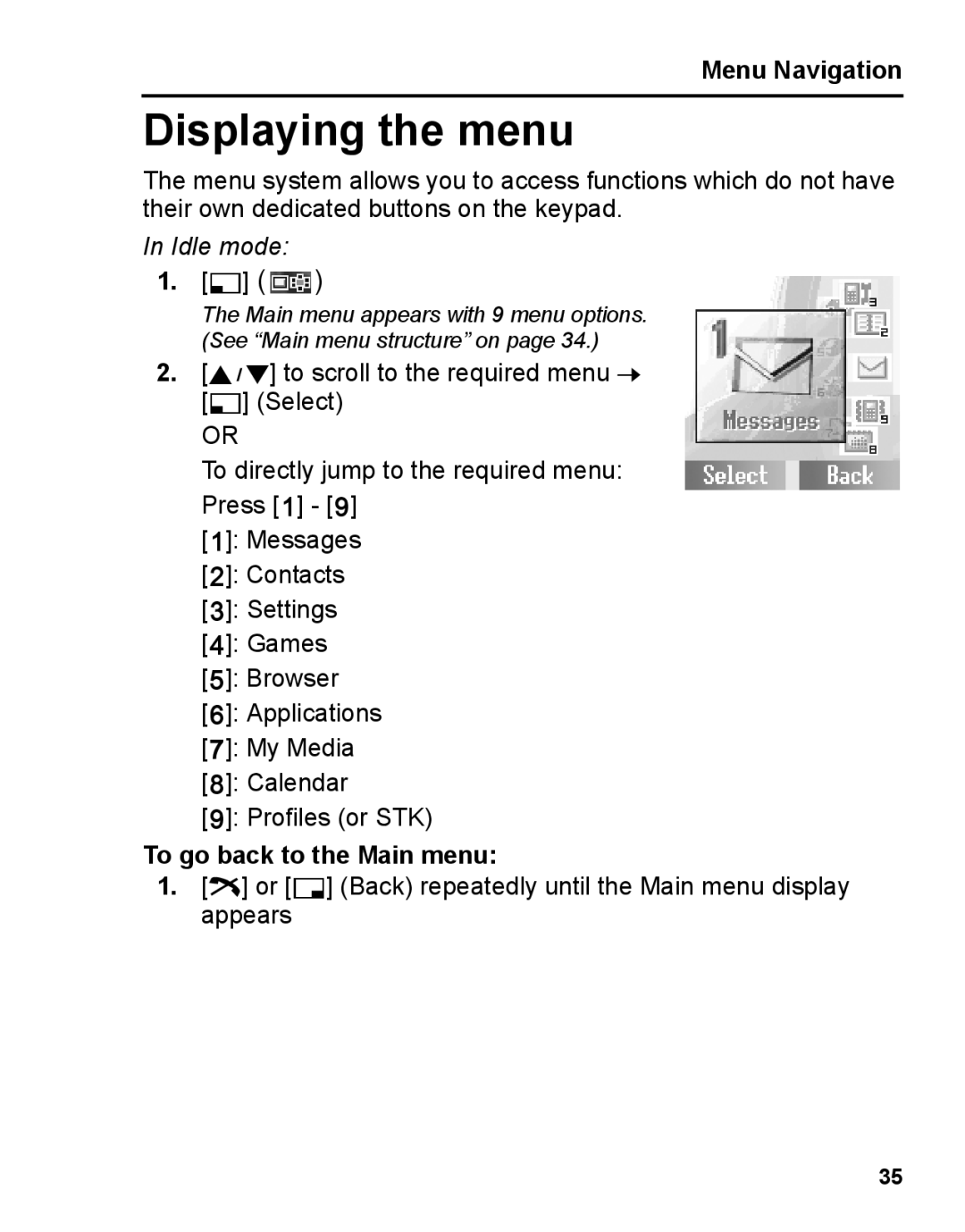 Panasonic A210 manual Displaying the menu, To go back to the Main menu 