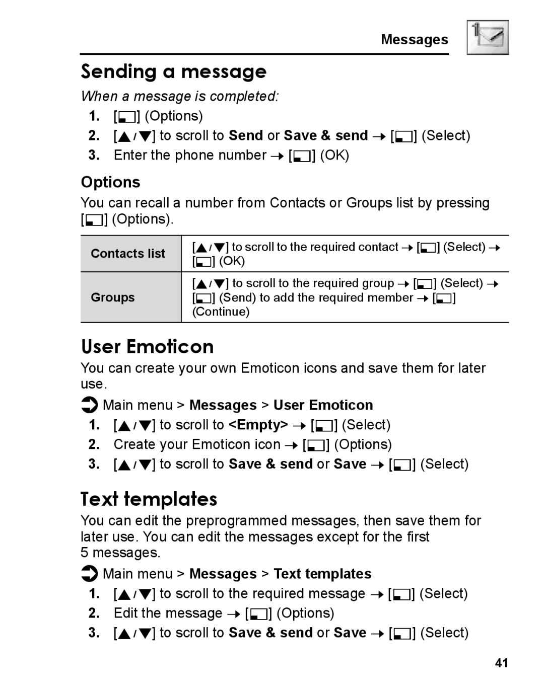 Panasonic A210 manual Sending a message, Main menu Messages User Emoticon, Main menu Messages Text templates 